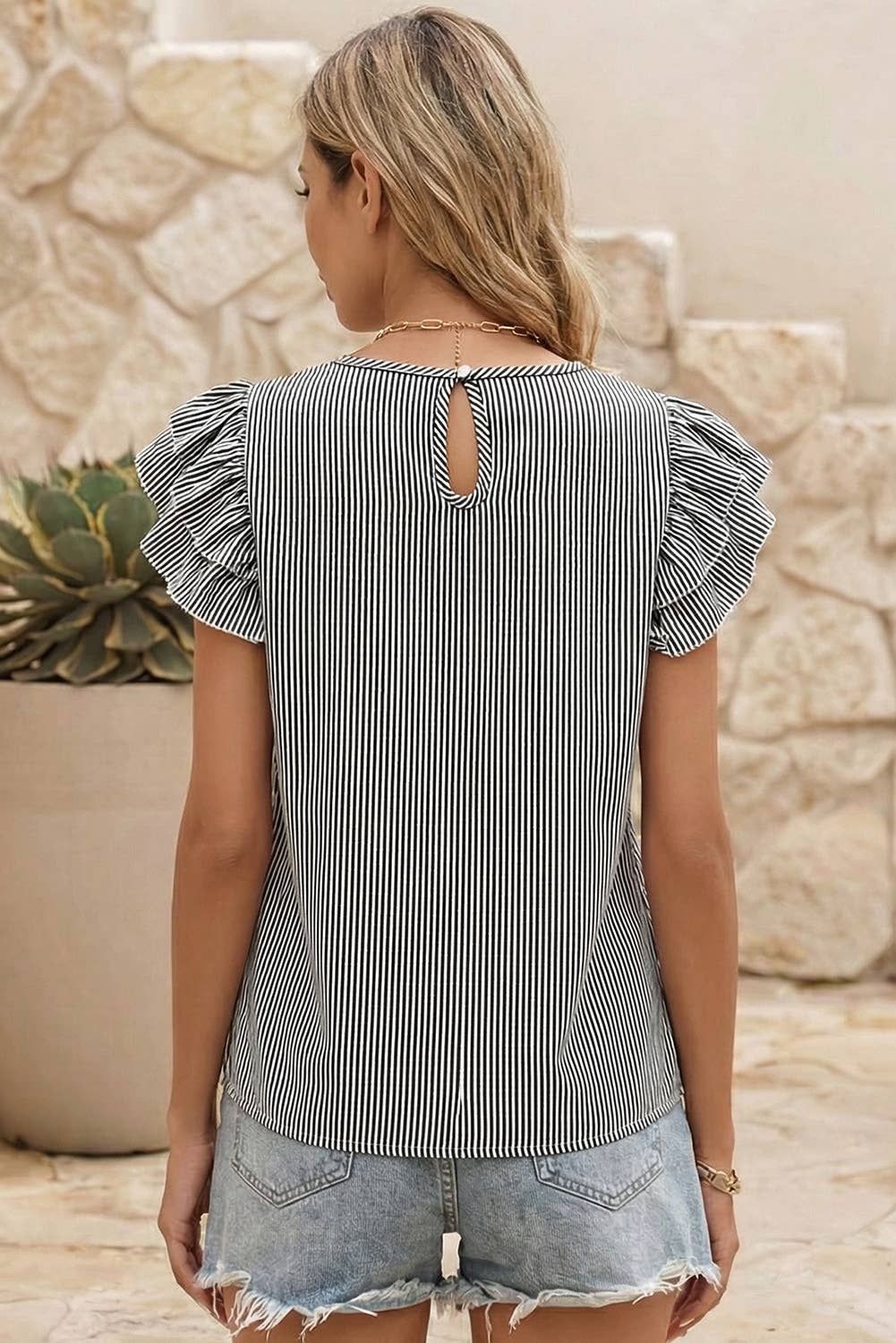 LDC Stripe Double Ruffled Short Sleeve Blouse: Black Stripe