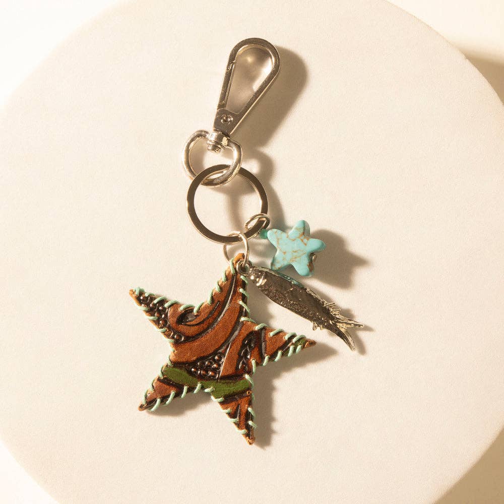 Moonlight Bay Star Handtooled Leather Key Fob in Amber Turquoise: Amber Turquoise