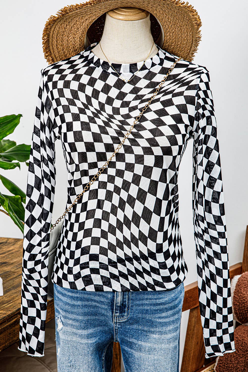 Western Checkered Pattern Mesh Mock Neck Long Sleeve Top: Black / Missy