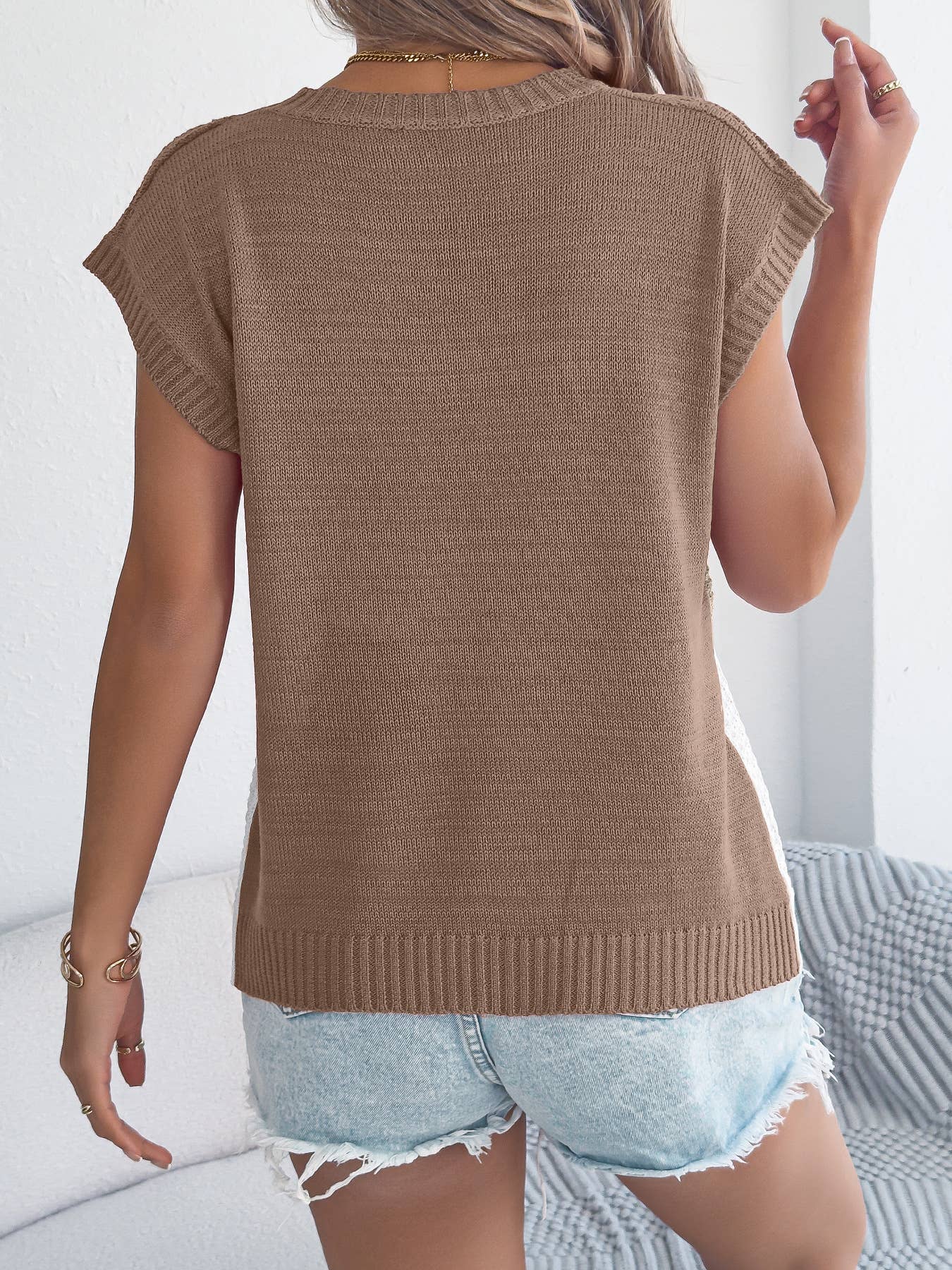 Color Block Cable Knit Short Sleeve Pullover Top: Khaki