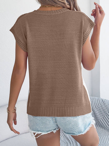 Color Block Cable Knit Short Sleeve Pullover Top: Khaki
