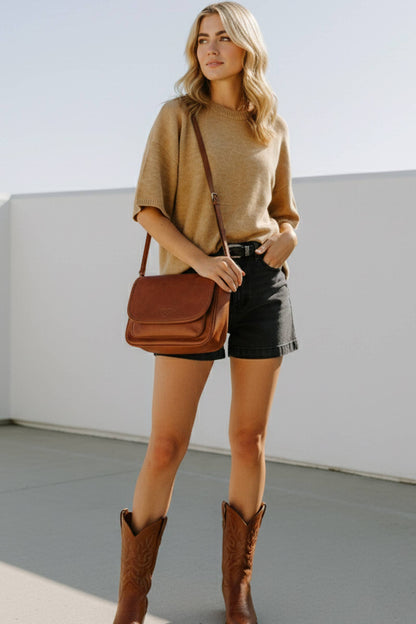 Short Sleeve Relaxed Sweater Top: TAUPE