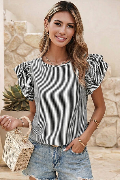 LDC Stripe Double Ruffled Short Sleeve Blouse: Black Stripe