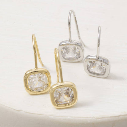 Gold Dipped Small Cushion Bezel Cz Wire Drop Earrings: GOLD