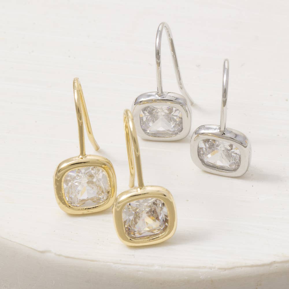 Gold Dipped Small Cushion Bezel Cz Wire Drop Earrings: 2SILVER
