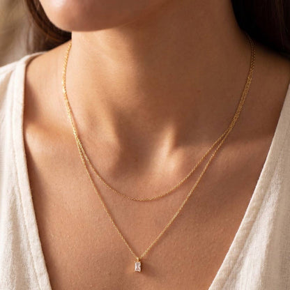 Layered Double Chain Baguette Cz Pendant Necklace: 2SILVER