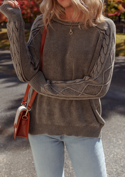Dark Brown Contrast Cable Knit Sleeve Casual Sweater: Dark Brown / 100%Cotton