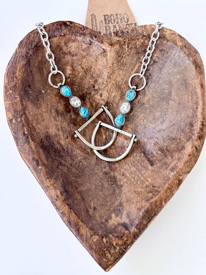 Western Horse Bit Turquoise Stone Pendant Necklace: Gold
