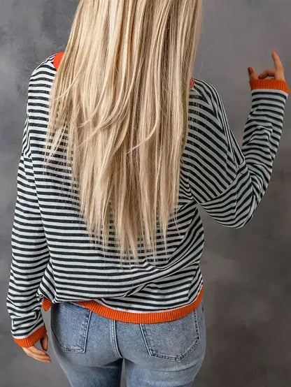 Pink Contrast Trimmed Striped Drop Shoulder Sweater: Black + Red  Add swatch / 30% Nylon +70% Acrylic / 2XL