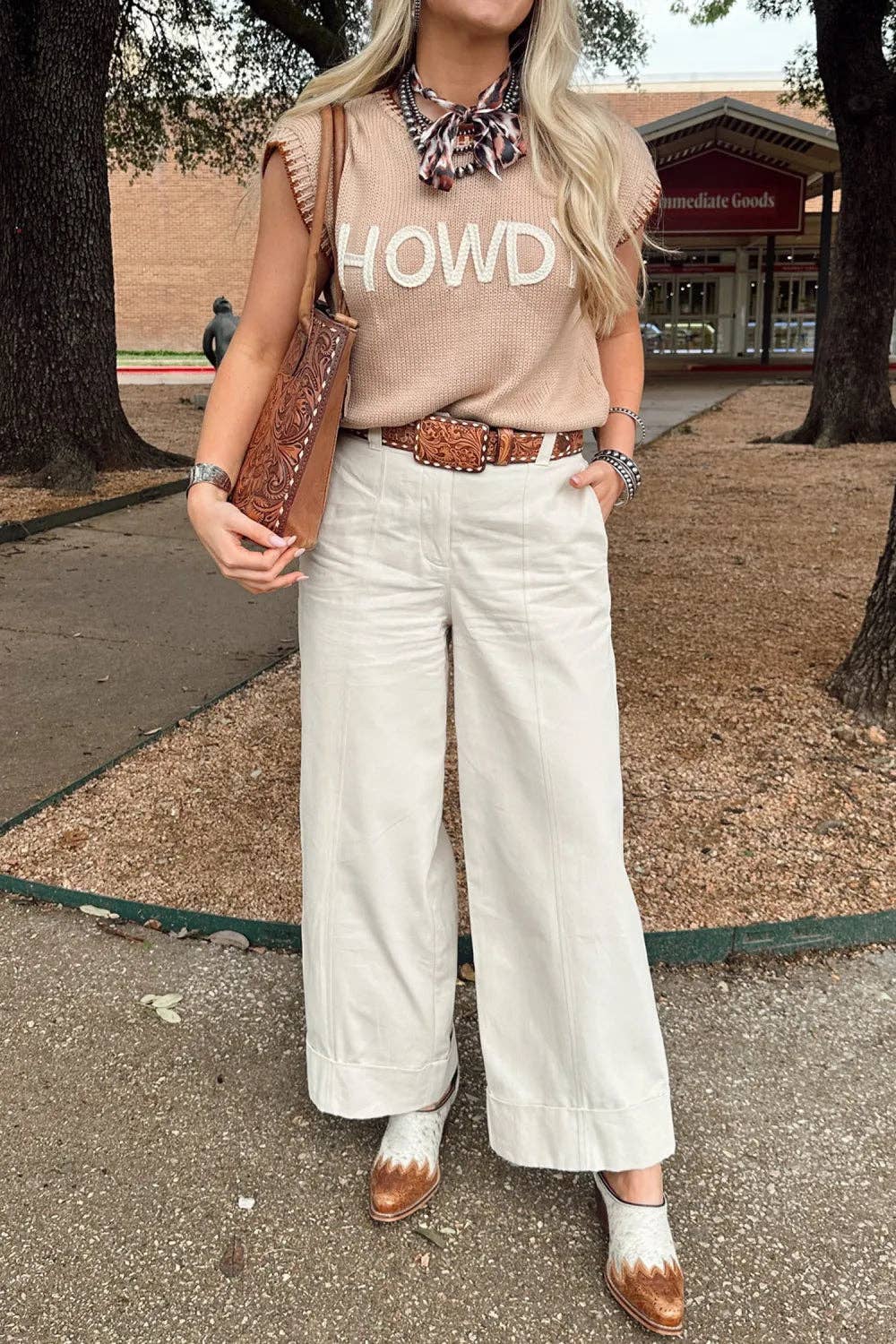 Parchment Contrast Trim Short Sleeve Knit HOWDY Western Sweater: Parchment / 100%Acrylic