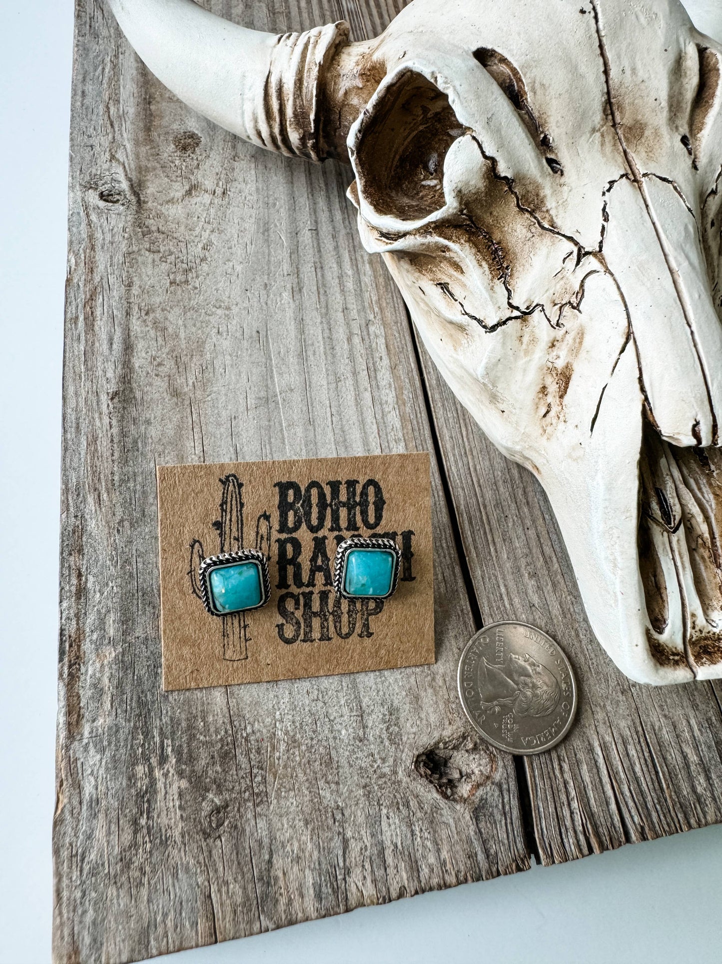 Western Mini Stone Stud Earrings - Heart Square Circle Bar: CIRCLE - TURQUOISE