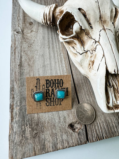 Western Mini Stone Stud Earrings - Heart Square Circle Bar: CIRCLE - TURQUOISE