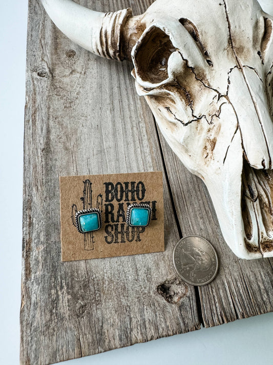 Western Mini Stone Stud Earrings - Heart Square Circle Bar: CIRCLE - TURQUOISE