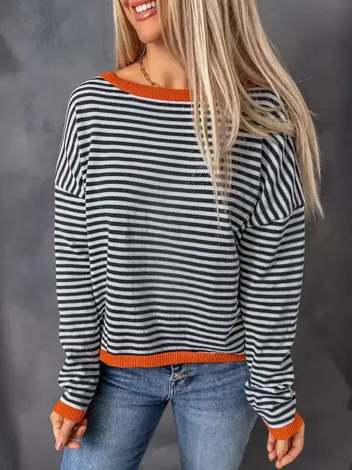 Pink Contrast Trimmed Striped Drop Shoulder Sweater: Black + Red  Add swatch / 30% Nylon +70% Acrylic / 2XL