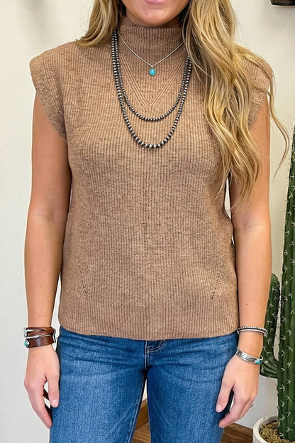 LDC Solid Ribbed Knit Mock Neck Loose Sleeveless Sweater: Light French Beige / L