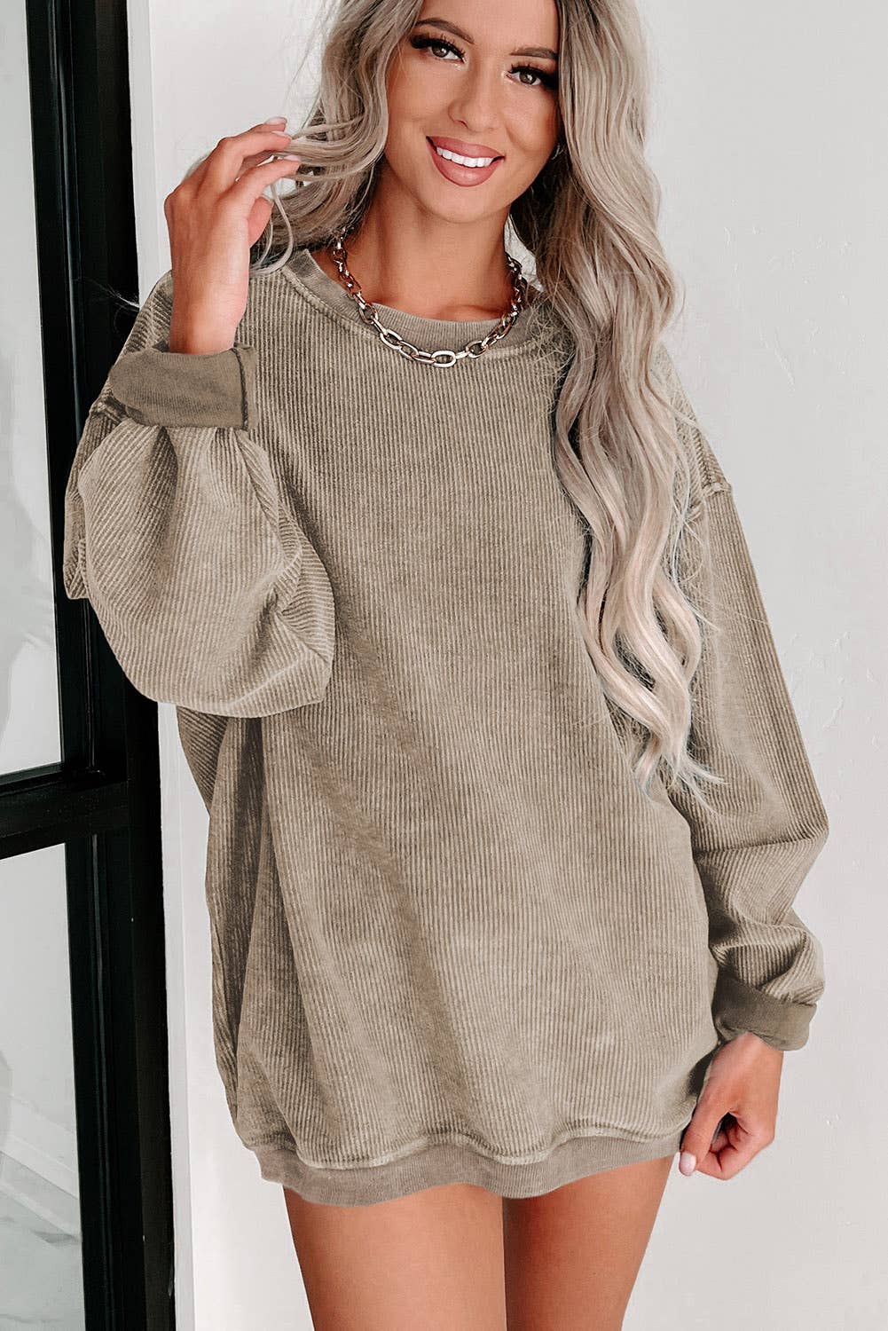 Custom Solid Ribbed Knit Round Neck Pullover Sweatshirt: Khaki / 100%Polyester