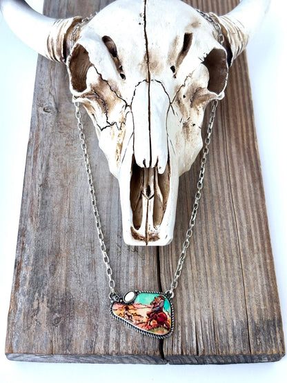 Western Rodeo Scenery with Stone Pendant Necklace: White