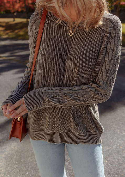 Dark Brown Contrast Cable Knit Sleeve Casual Sweater: Dark Brown / 100%Cotton