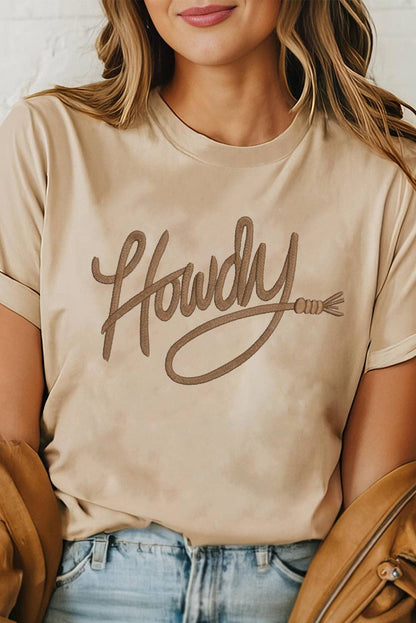 Khaki Howdy Embroidered Graphic Western Tee: Khaki / 62%Polyester+32%Cotton+6%Elastane