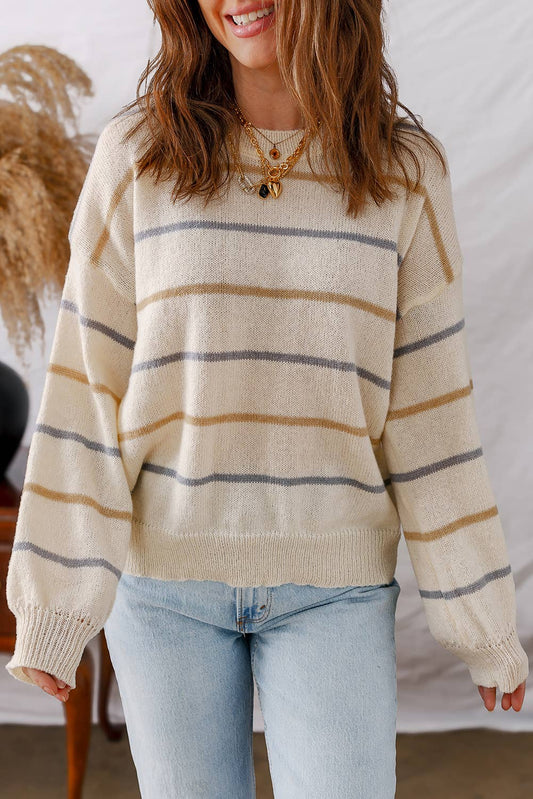 LDC Striped Ribbed Edge Drop Shoulder Sweater: Multi-Colored