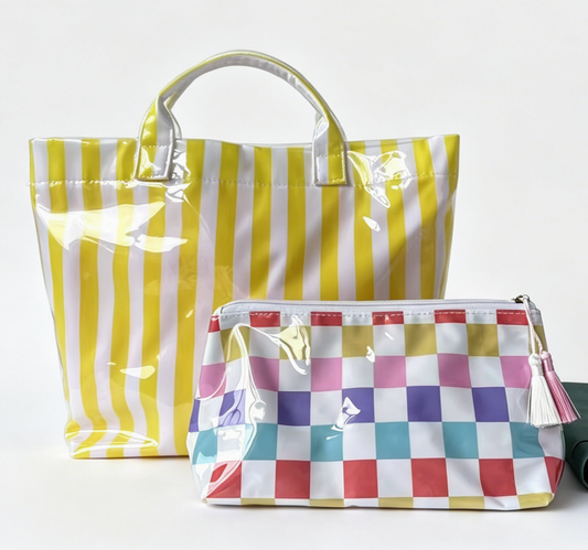 Color Block Striped Tote Bag Snap Waterproof Beach Bag Set: Yellow / M