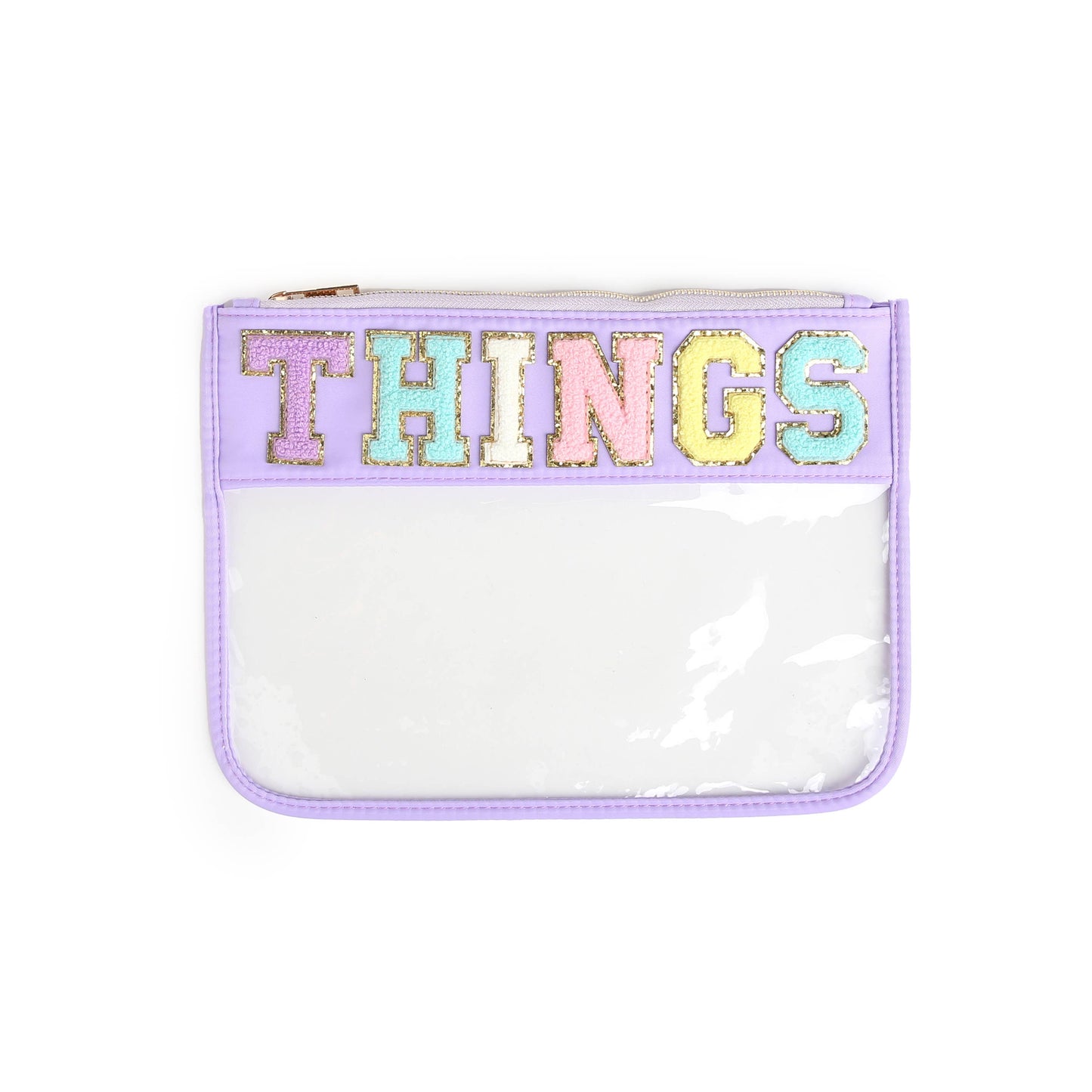 Varsity Letter Patch Clear Zippered Pouch Bag: White with TRAVEL