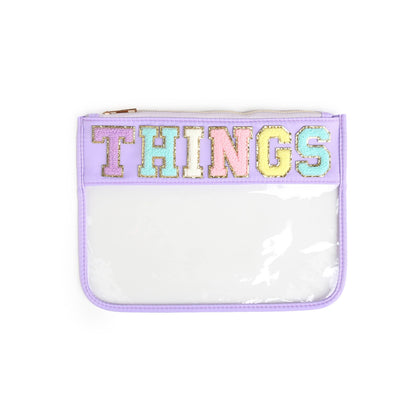 Varsity Letter Patch Clear Zippered Pouch Bag: White with TRAVEL
