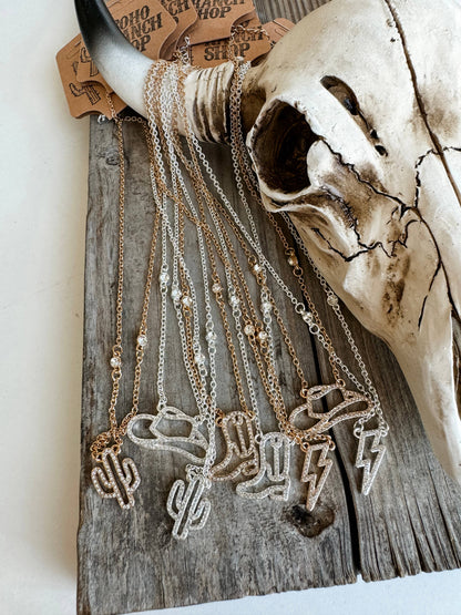 Western Dainty Silver gold Necklace - cowboy boots hat bow: COWBOY HAT - GOLD