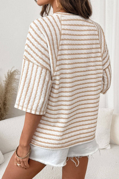Apricot Stripe Textured Knit Split Hem Half Sleeve Loose Top: Apricot Stripe / 85%Polyester+10%Viscose+5%Elastane