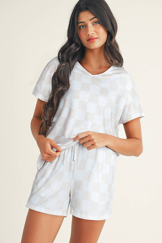 LDC Checkered V Neck Tee Drawstring Shorts Lounge Set: Beige