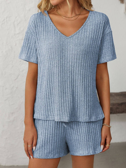 Solid Color Ribbed Short-Sleeve Pajama Loungewear Set: Light blue / 65% Polyester+30%Viscose+5%Elastane
