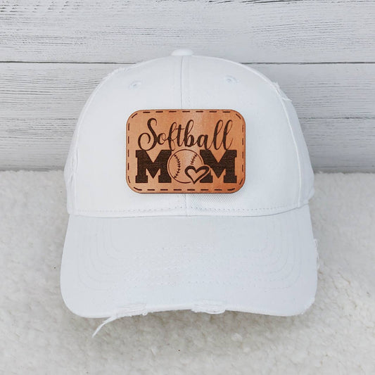 Denim Hat With Softball Mom Leather Patch: White distressed denim