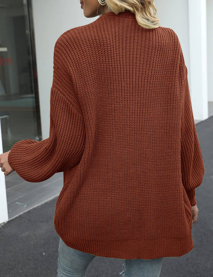 Balloon-Sleeved Chunky Needle Cardigan: Coffee / L