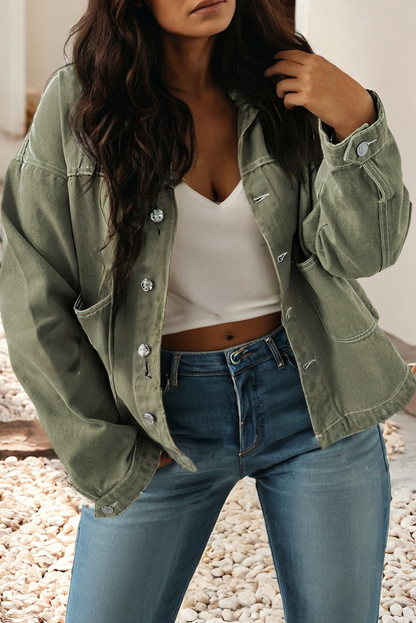 LDC Patched Pocket Collared Button Front Denim Jacket: Smoke Green