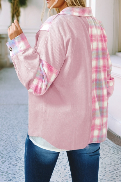 LDC Brushed Plaid Corduroy Flap Pockets Patchwork Shacket: Pink