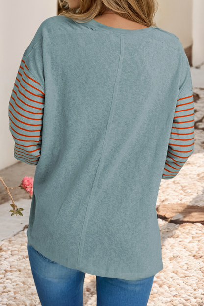 LDC Colorblock Striped Bishop Sleeve Top: Green