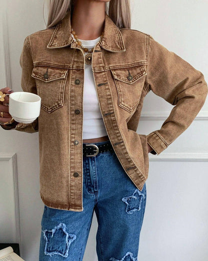 Classic lapel khaki denim jacket: Brown / L