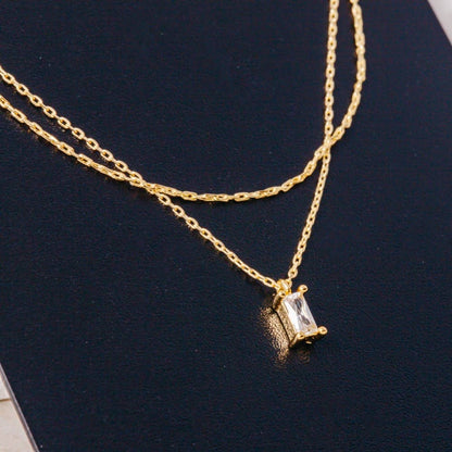 Layered Double Chain Baguette Cz Pendant Necklace: GOLD