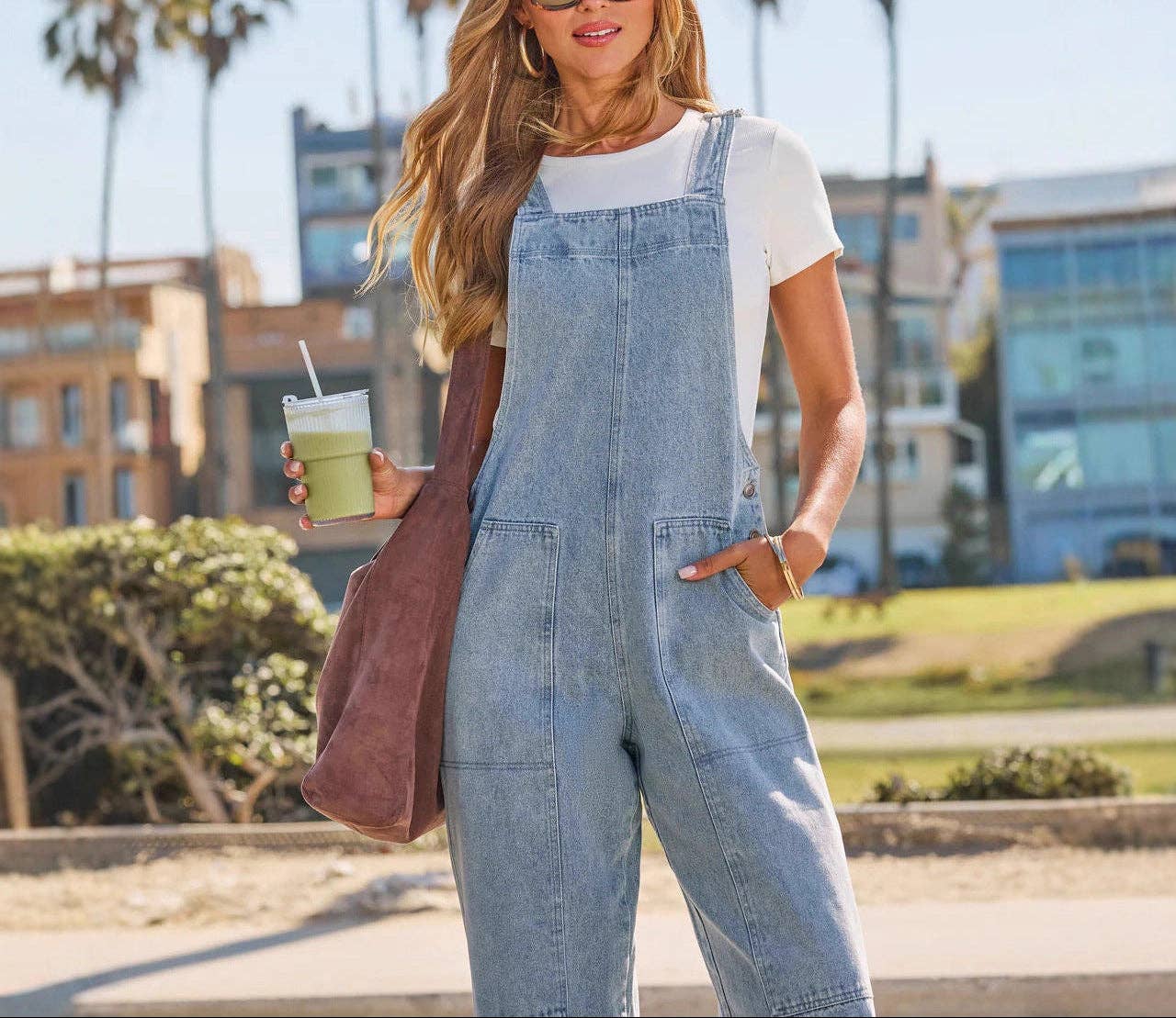 Denim Overall Wide Leg Jumpsuit With Pockets: Light Blue / 100%Polyester