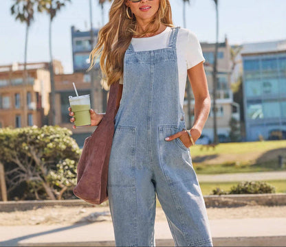 Denim Overall Wide Leg Jumpsuit With Pockets: Light Blue / 100%Polyester