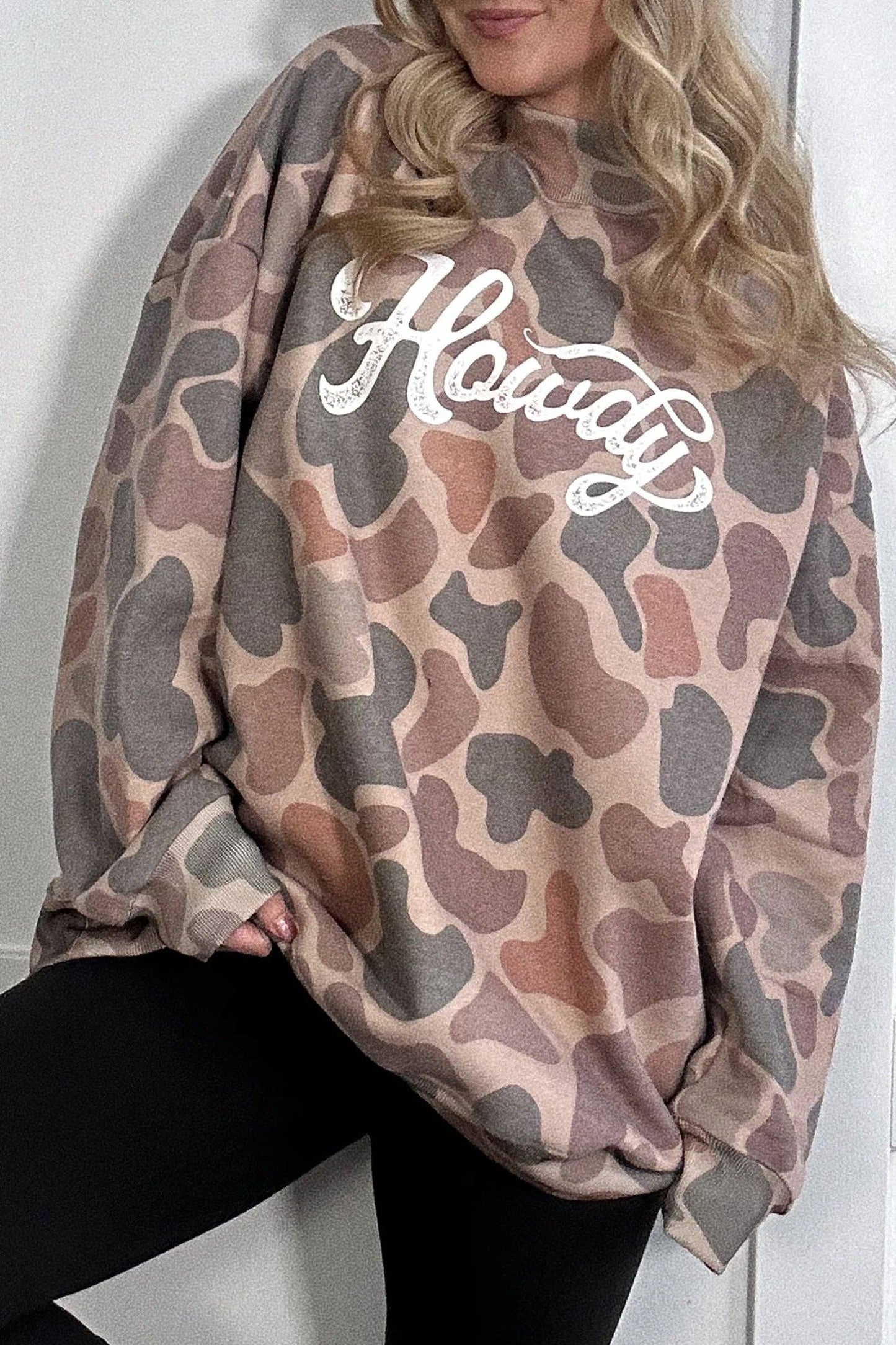 Multicolour Camo Print Howdy Western Style Baggy Pullover Sweatshirt: Multicolour / 100%Polyester