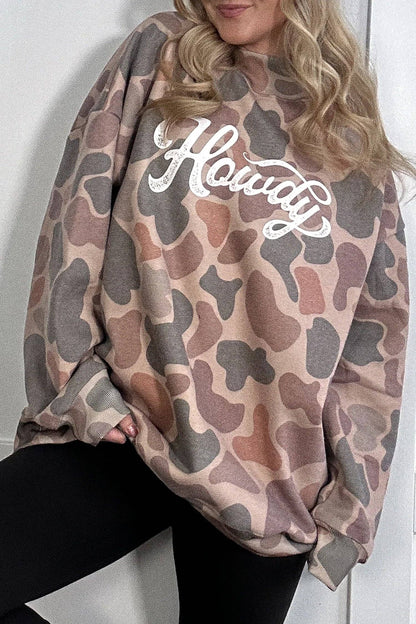 Multicolour Camo Print Howdy Western Style Baggy Pullover Sweatshirt: Multicolour / 100%Polyester