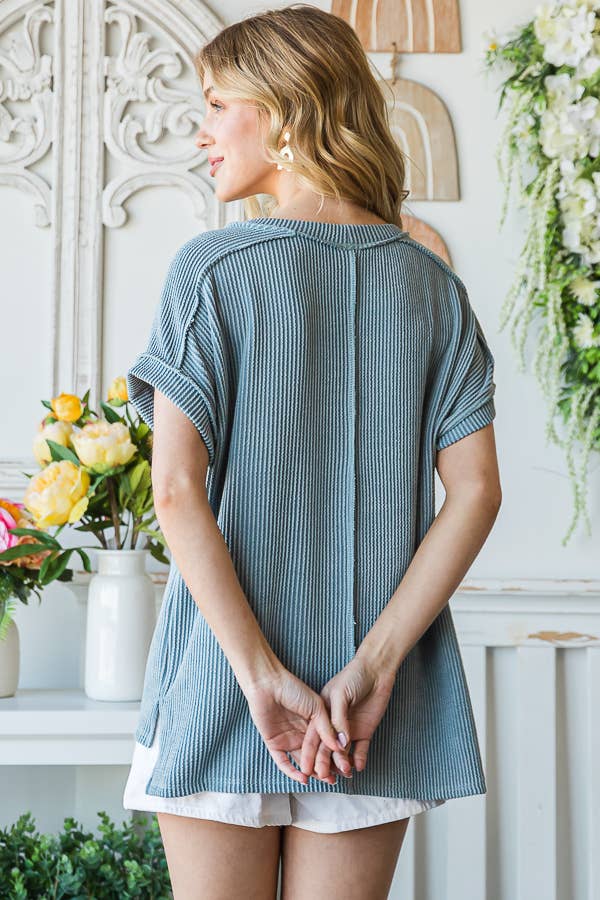 Solid Rib Drop Shoulder Side Slit Short Sleeve Top T5160: Denim BLue