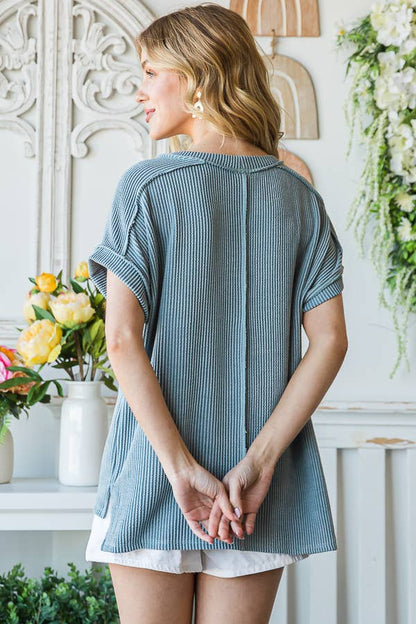Solid Rib Drop Shoulder Side Slit Short Sleeve Top T5160: Denim BLue