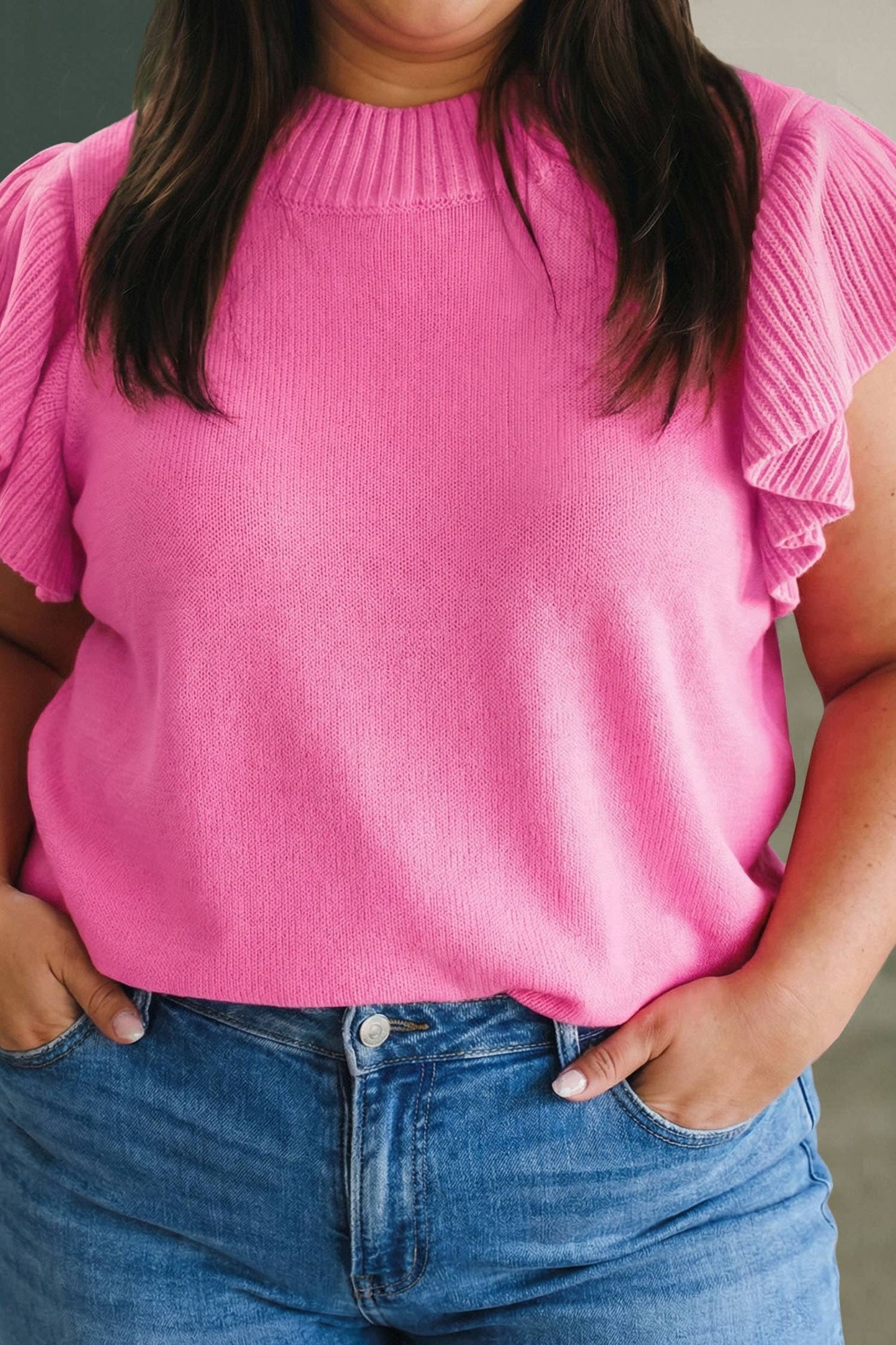 Ribbed Trim Ruffle Short Sleeve Sweater (S-4X): Sachet Pink