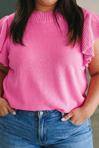 Ribbed Trim Ruffle Short Sleeve Sweater (S-4X): Sachet Pink