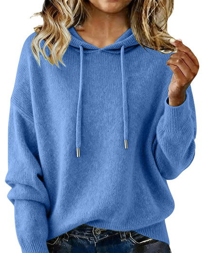 Cozy Solid Drawstring Hooded Knit Sweater: Navy-Blue / L