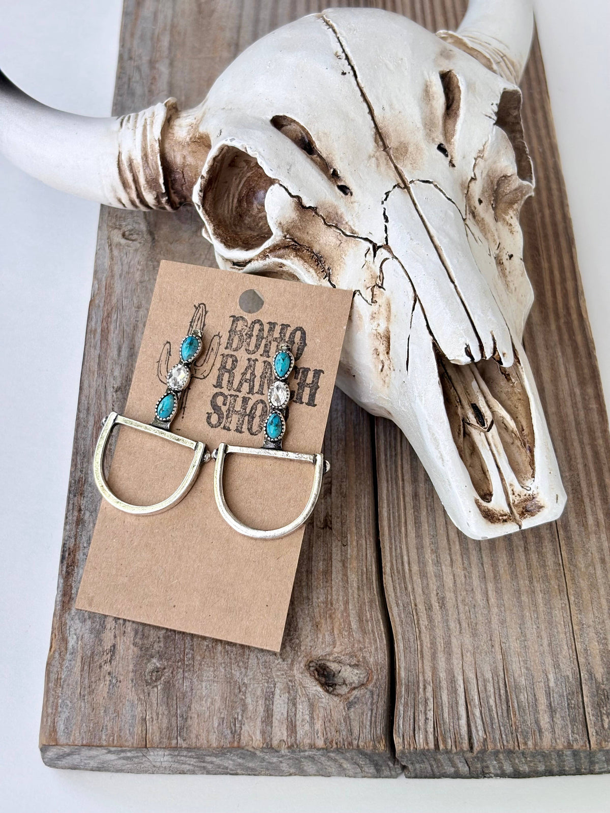 Western Horsebit Stone & Rhinestone Post Drop Earrings: Gold