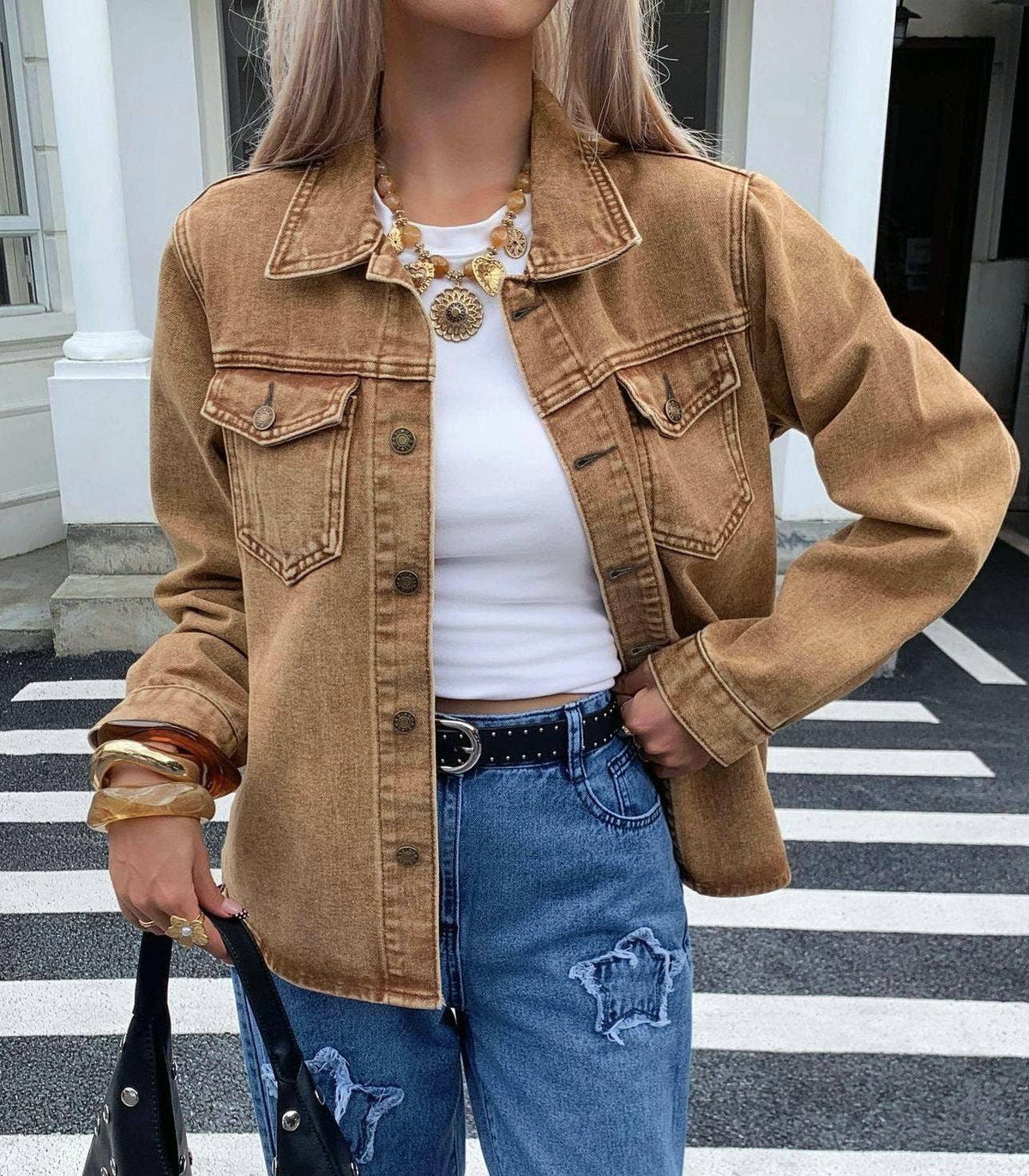 Classic lapel khaki denim jacket: Brown / L
