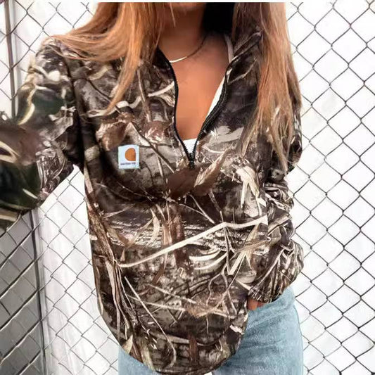 Western Y2K Half Zipper Camo Pullover Sweatshirt: Coffee